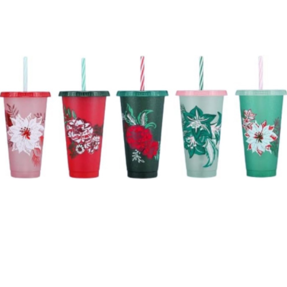 New Starbucks Holiday Glitter Reusable Cold Cups Set of 5 Cups 24 oz Christmas